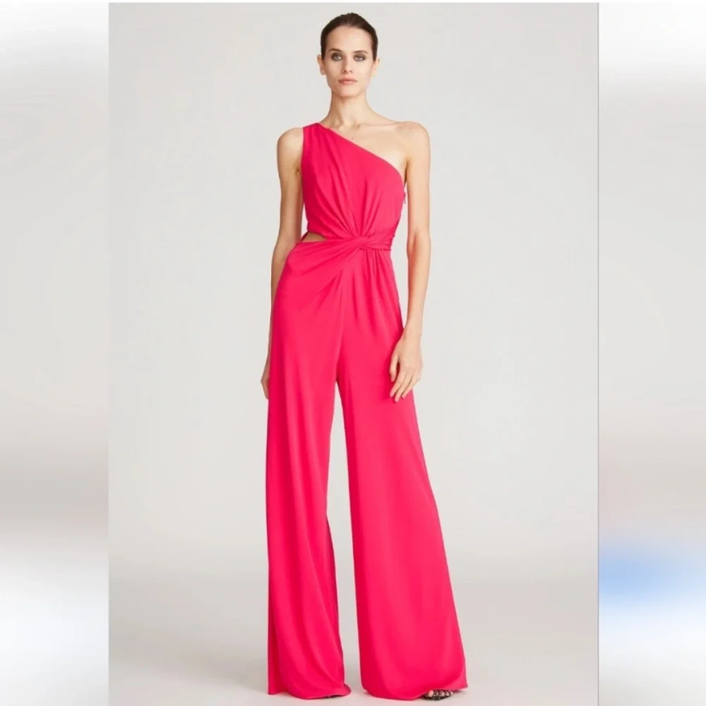Halston Randi Jersey Twist Jumpsuit Wide Leg Sz 16 Pink Formal‎ Cocktail Wedding